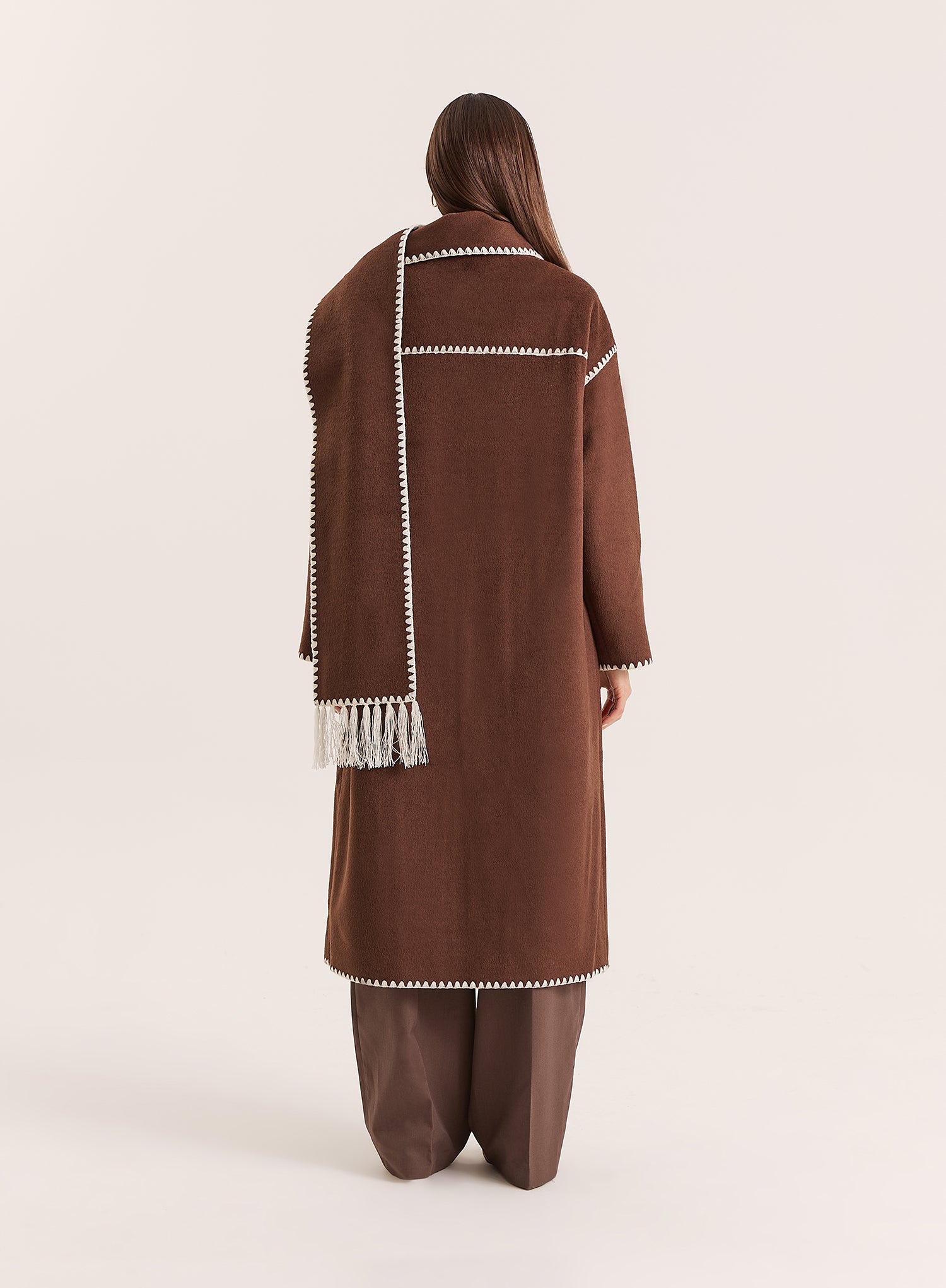 Chocolate Contrast Stitch Longline Scarf Coat